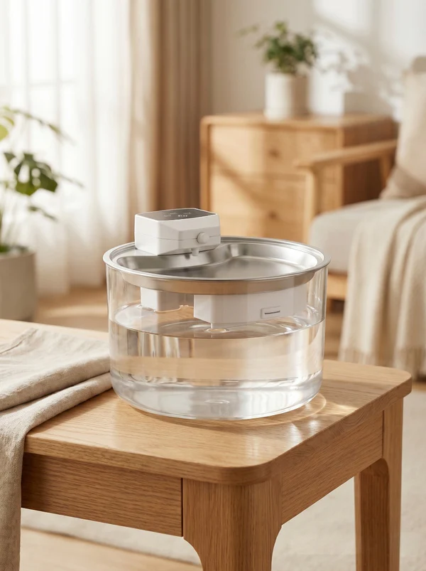 Eyoria cat fountain on wooden table in minimalist living room