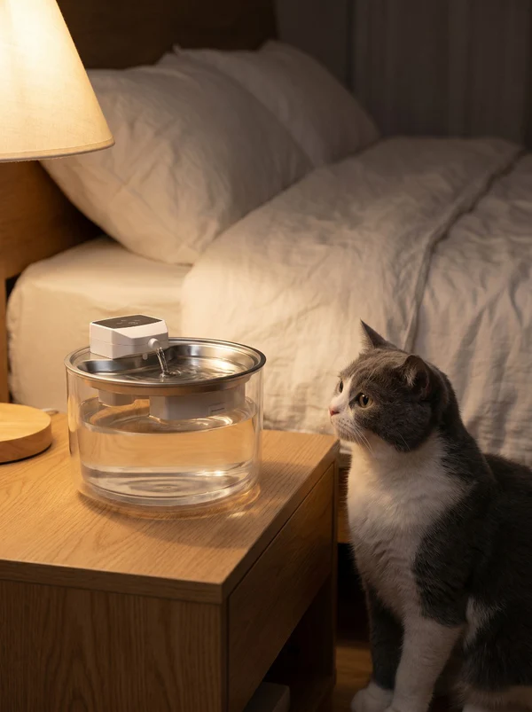 Gray British shorthair cat next to Eyoria fountain in bedroom setting